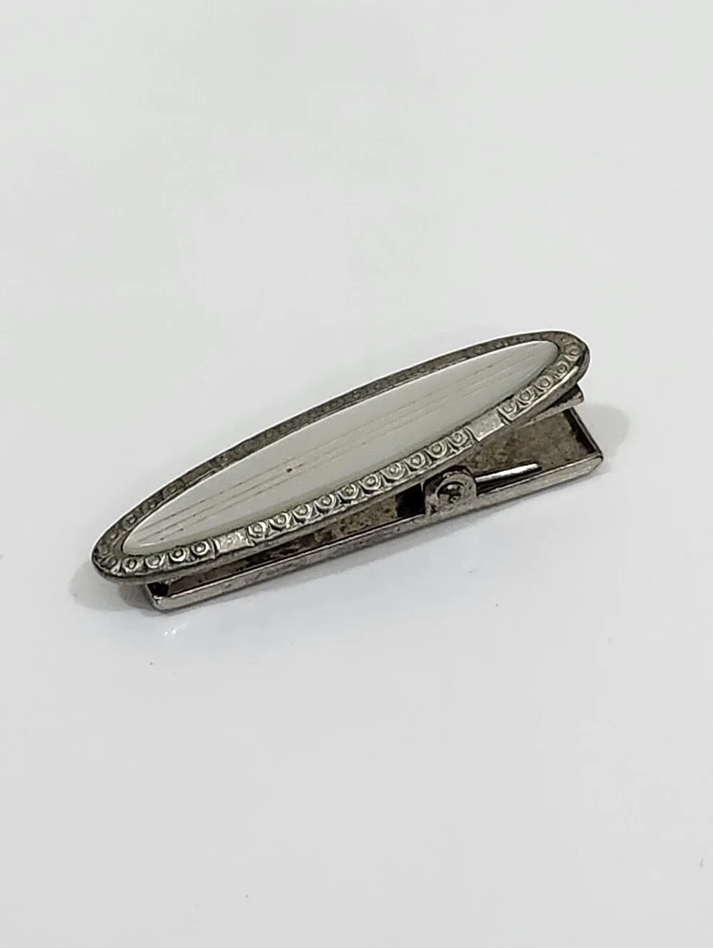 Vintage Tie Clip White Mother Of Pearl Inlay Art Deco Silver Tone Frame